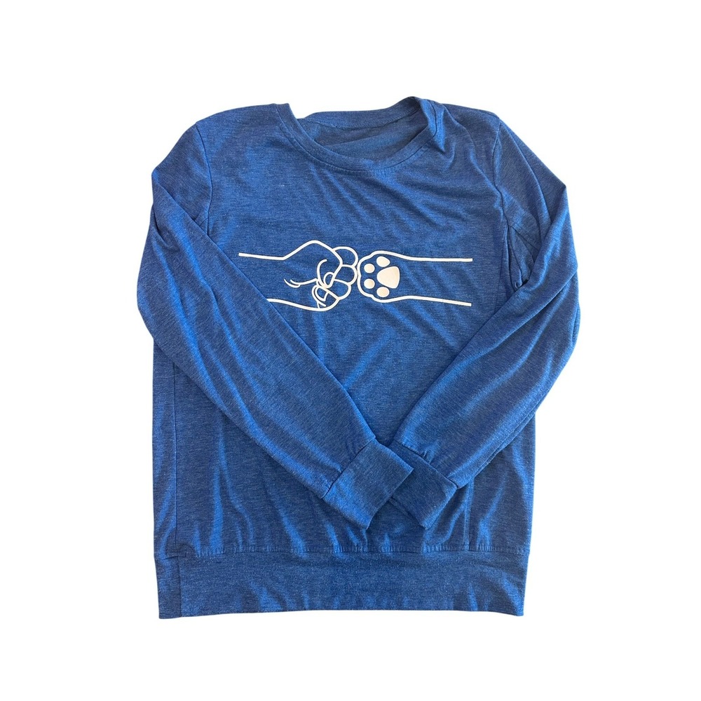 Blue Fist Bump Dog Paw Graphic Long Sleeve Top Heathered Crewneck Women Medium